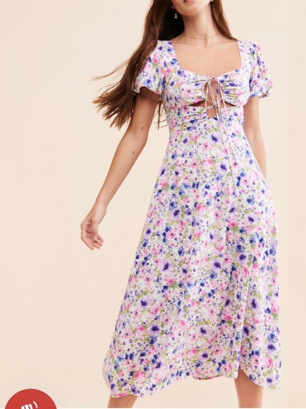 Astr Pastel Multi Floral Tie-Front Midi Dress Sz M Rayon/Linen Puff Sleeve
